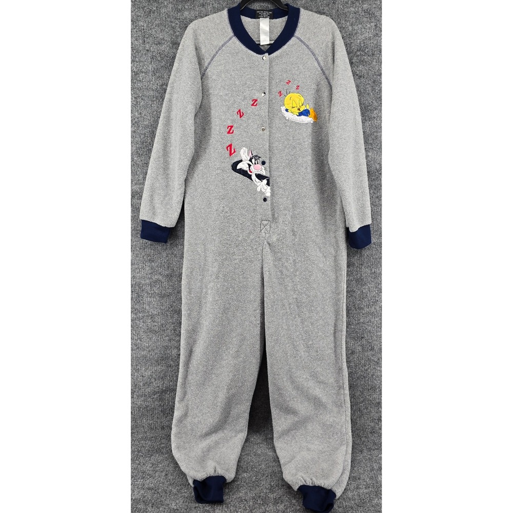 Looney Tunes Pajamas One Piece Womens M Gray Tweety Bird Sylvester Vintage Y2K